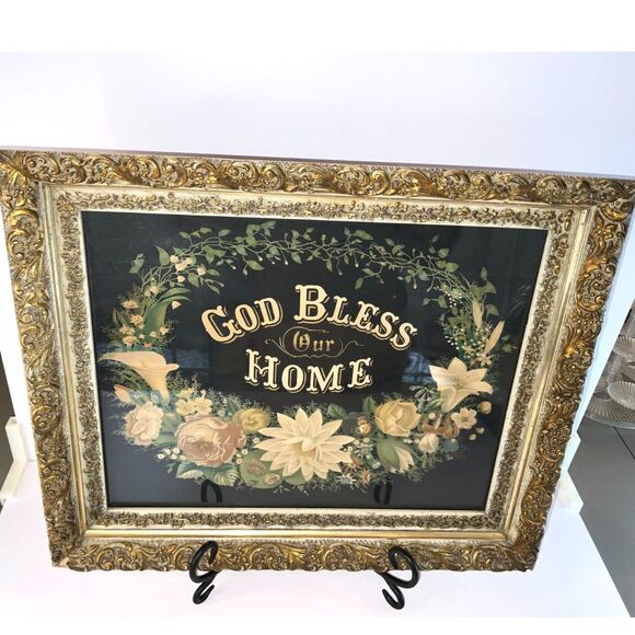 Antique God Bless Our Home Chromolithograph print antique gesso frame must see! - Picture 1 of 8